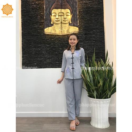 Đồ lam đi chùa nữ - Pháp phục mẫu xẫm thẳng vải kate, bền màu không nhăn xưởng may Liên Cúc
