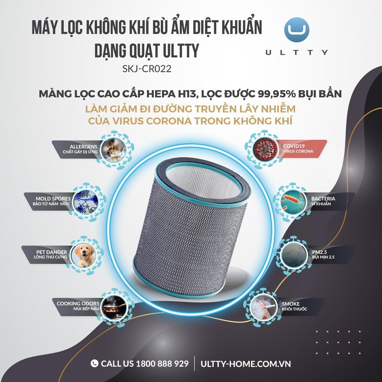 Quạt Tháp Không Cánh Kèm Máy Lọc Không Khí Bù Ẩm Diệt Khuẩn ULTTY SKJ-CR022, Bộ Lọc HEPA H13, Bù Ẩm 3 Cấp