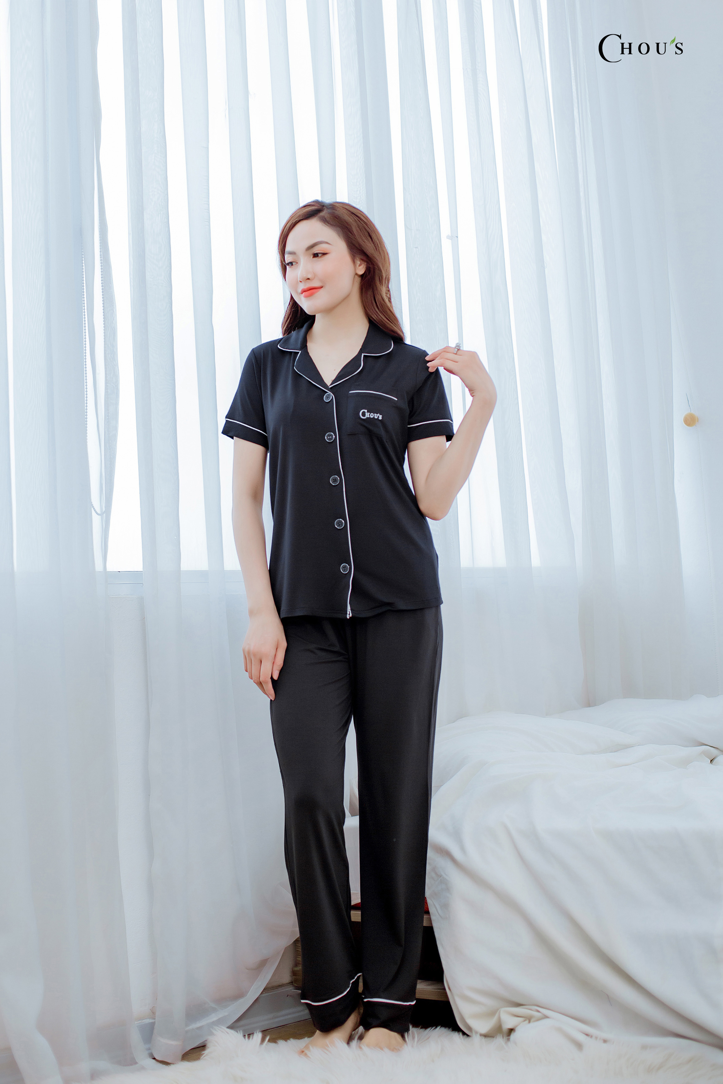 Bộ pyjamas nữ cộc tay quần dài vải bamboo cao cấp Chou's - Nhiều màu