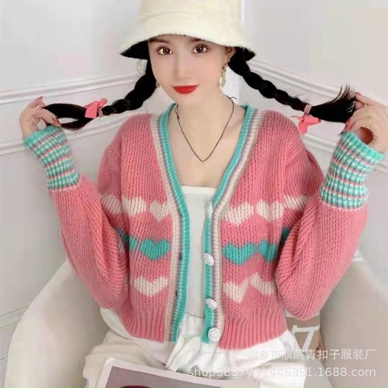 [L2M] Áo khoác len nữ Cardigan dệt kim CÀI NÚT tay dài phối TRÁI TIM xinh xắn