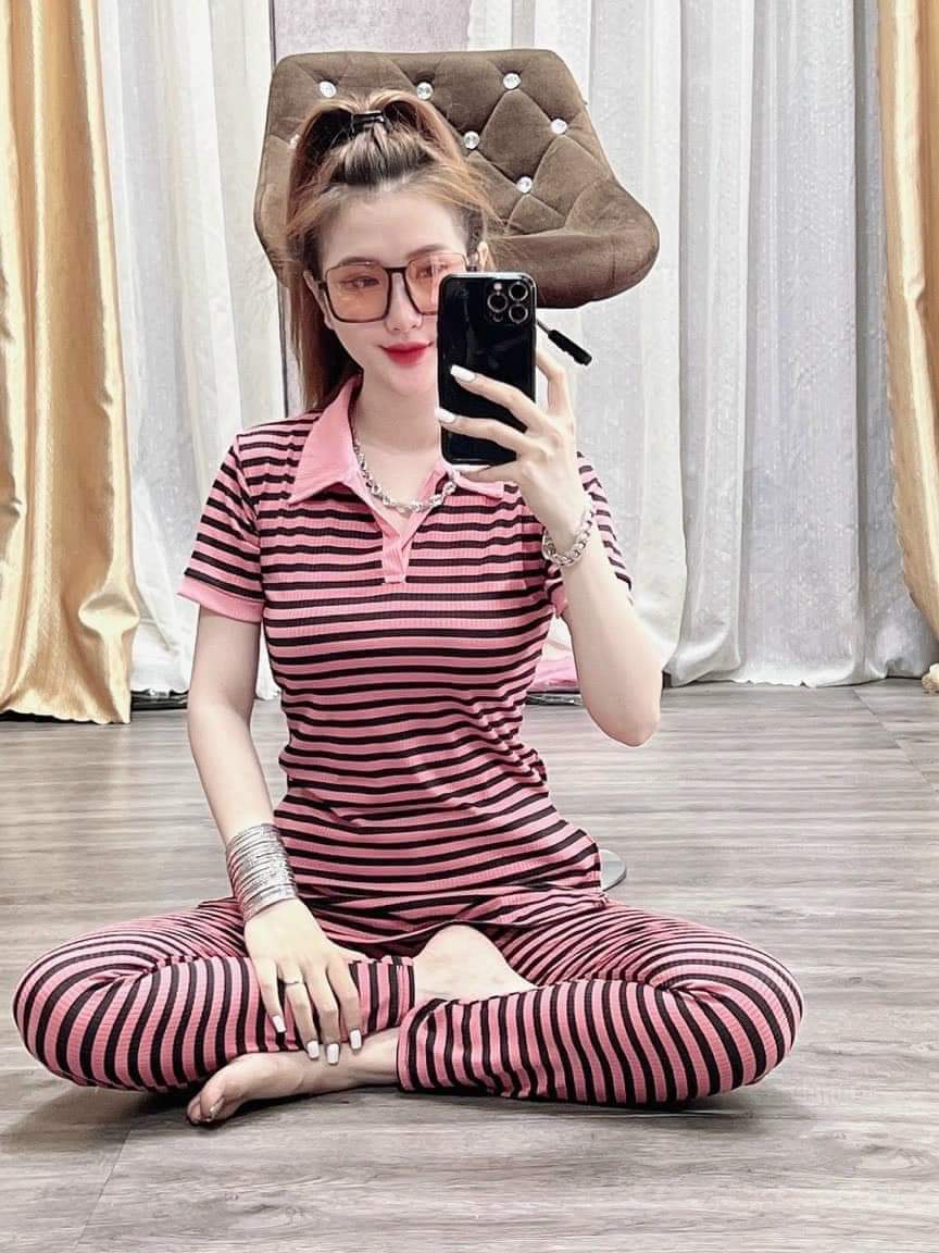 Sét Bộ Thun Sọc Áo Cổ Bẻ Xẻ 2 Bên Phối Quần Dài Có Túi Rẻ Đẹp