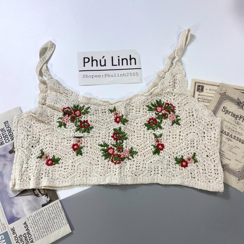 MS587 Áo hai dây lưới đan móc hoa đỏ đi biển, mix váy áo vintage