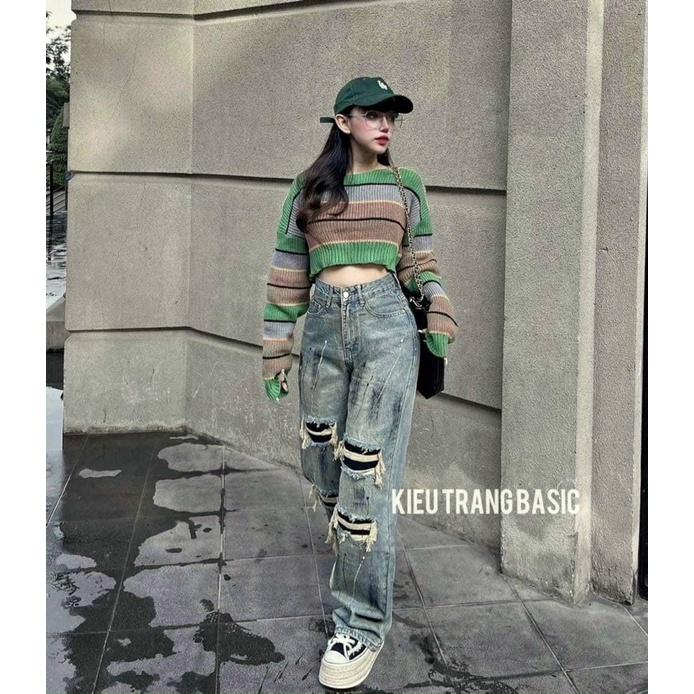 Áo len nữ dài tay kẻ xanh croptop hót hít