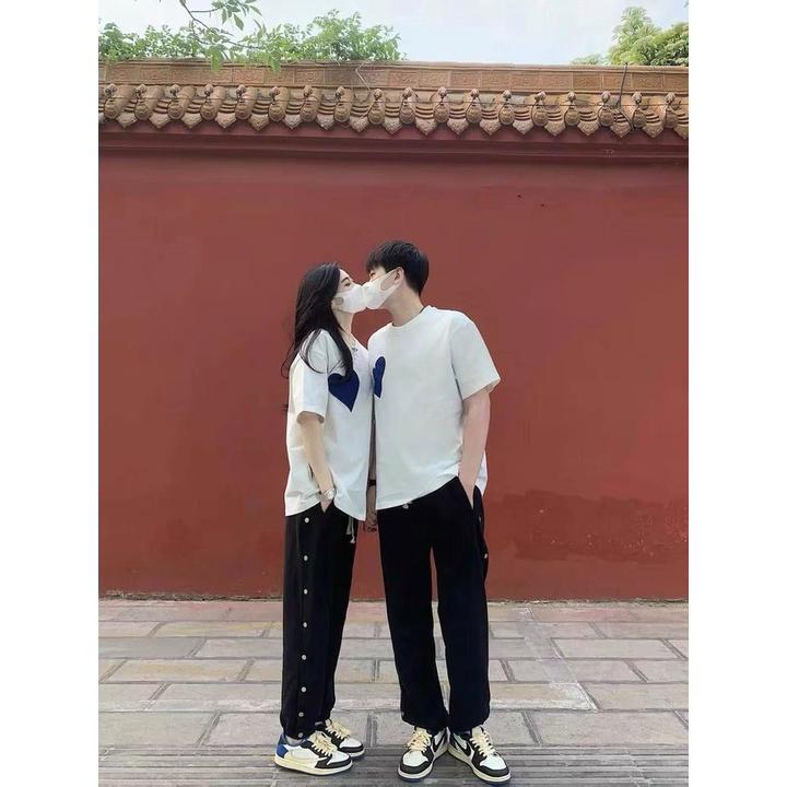 Áo Thun Cặp Đôi In Logo Tim Xanh Đơn Gỉan