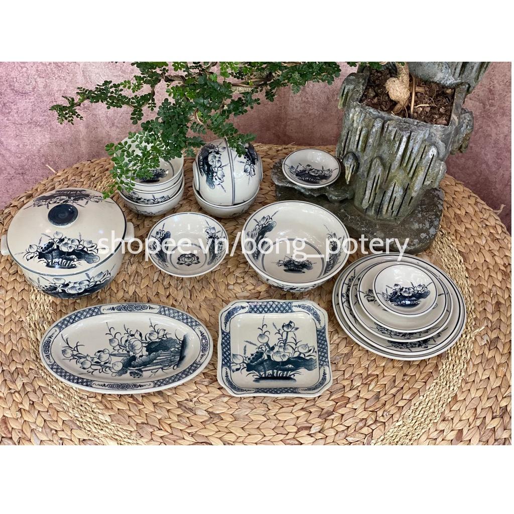 Bộ Đồ Ăn - Combo Bộ Bát Đĩa Vẽ Hoa sen 16 món gốm sứ Bát Tràng
