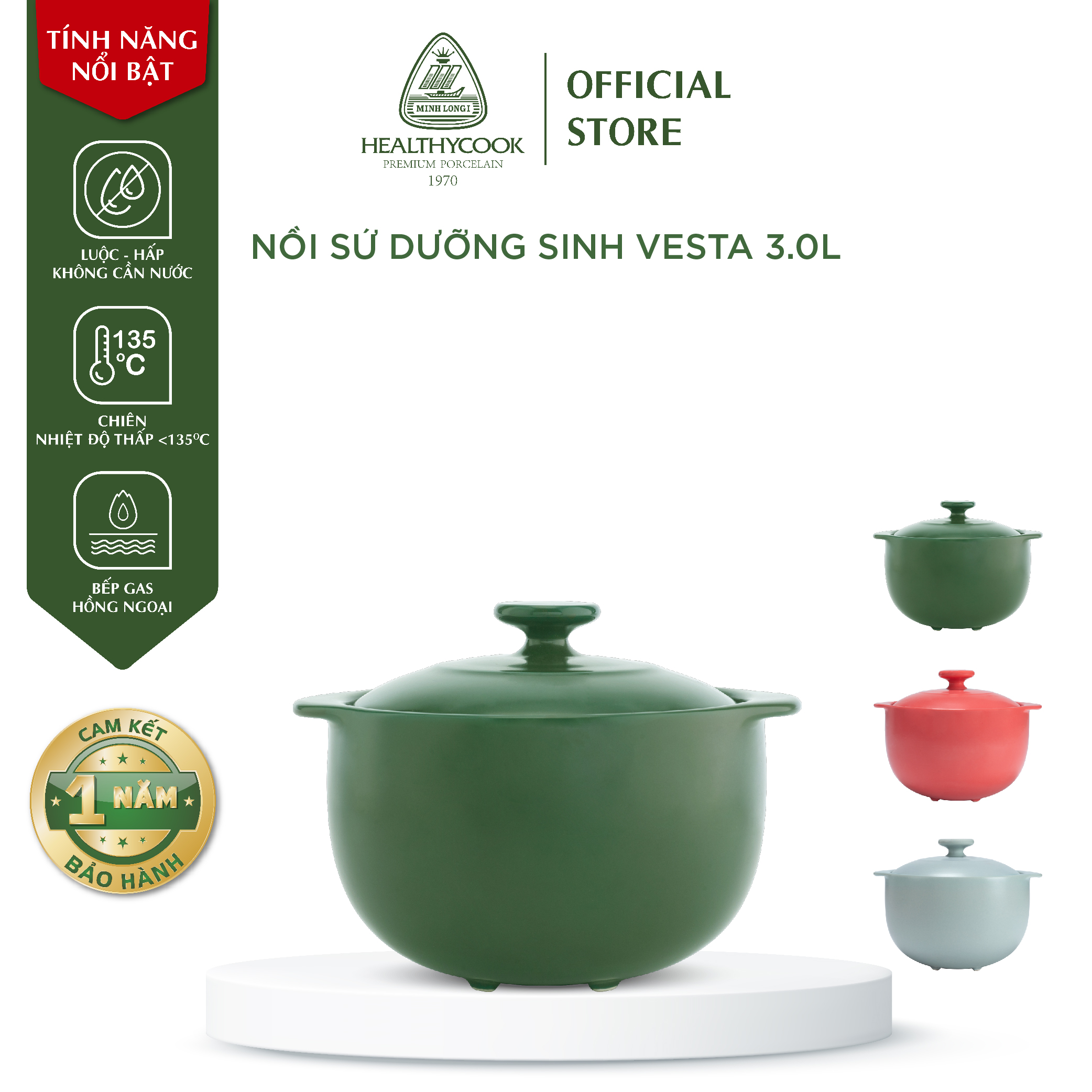 Nồi Sứ Dưỡng Sinh Minh Long Healthy Cook Vesta 3.0 L - Dùng Cho Bếp Gas, Bếp Hồng Ngoại