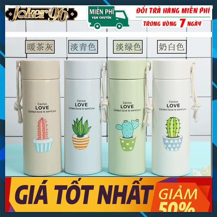 Bình giữ nhiệt in hình xương rồng 450ml lõi thủy tinh bọc và nhựa lúa mạch có dây sách tiện dụng