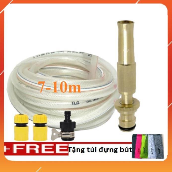 Bộ dây vòi xịt nước rửa xe,tưới cây ,tăng áp 3 lần,loại 7m,10m 206587 cút sập,nối nhựa đen+ túi đựng bút