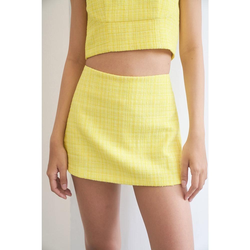 DOTTIE - Chân váy ngắn vải tweed gắn tua rua nữ vàng S0128