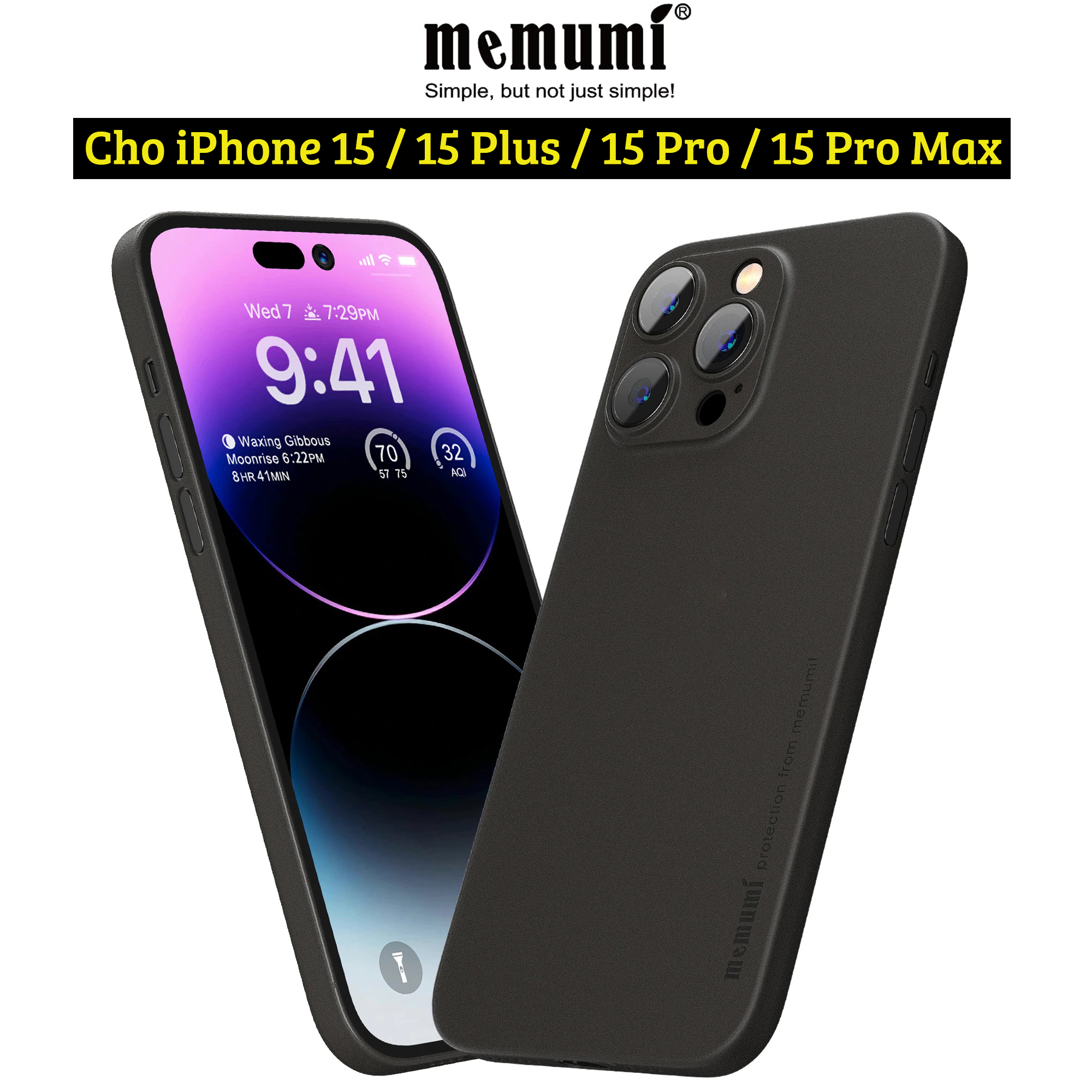 Ốp Lưng Nhám Siêu Mỏng 0.3Mm Cho Iphone 15, 15 Plus, 15 Pro, 15 Pro Max Hiệu Memumi Slim - Mặt Lưng Chống Trượt, Chống Bám Bẩn - Hàng Nhập Khẩu - Mau Đen - Iphone 15 Pro Max
