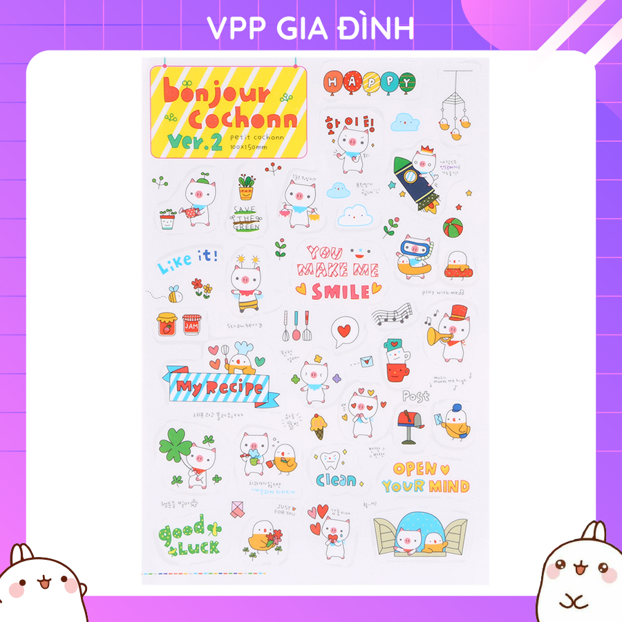 Bộ 6 Tấm Nhãn Dán Sticker Trang Trí Sổ Kế Hoạch Nhật Ký Bonjour Cochonn V2