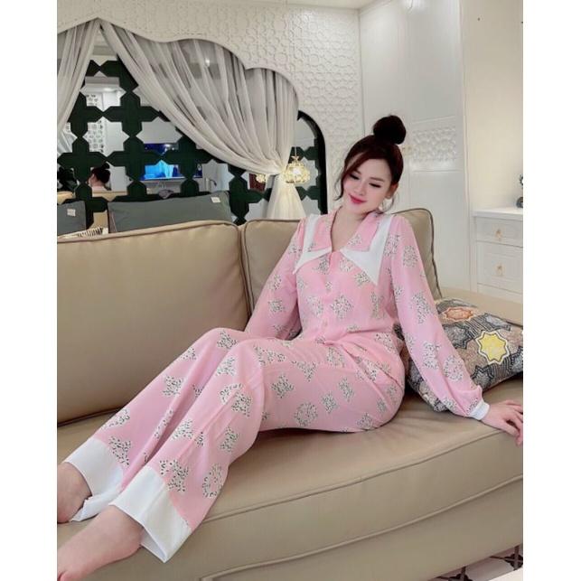 Đồ bộ Pyjama lụa Mango L1 cổ sơ mi, cổ nhọn, tay dài, quần dài 40kg đến 60kg
