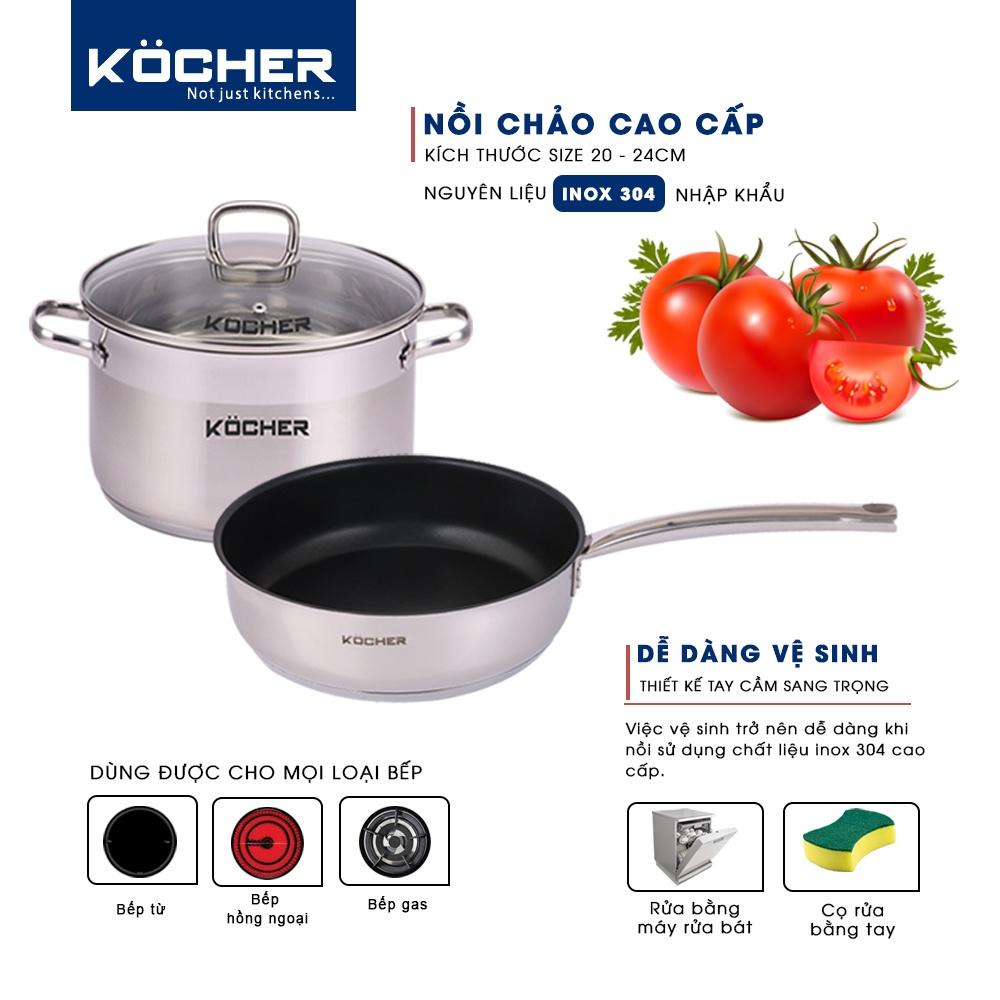 Combo bộ nồi chảo bếp từ cao cấp KOCHER chảo chống dính sâu lòng size 24cm &amp;amp; nồi cao cấp bếp từ size 20cm - Hàng chính hãng