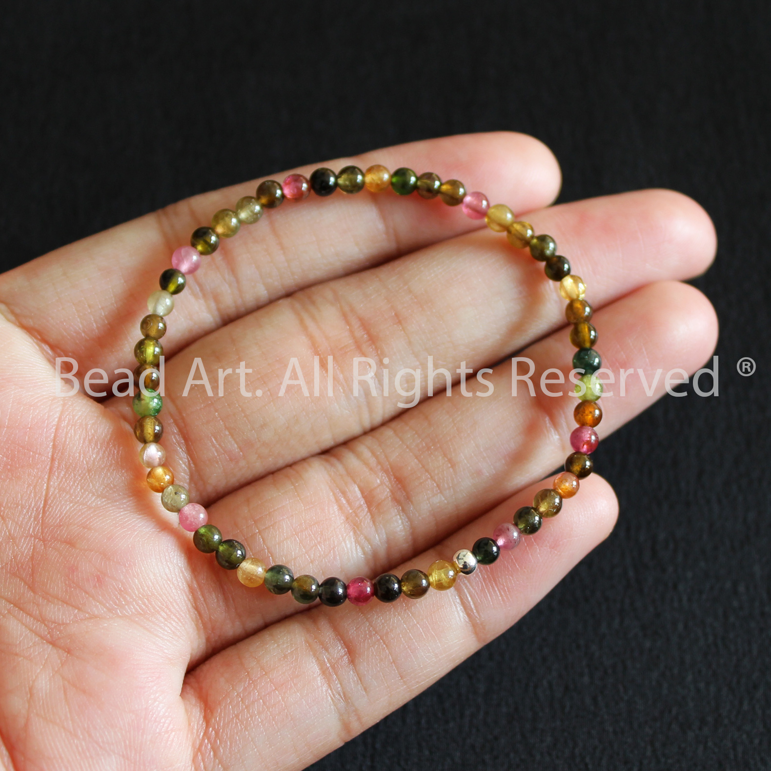 Vòng Tay 3MM Đá Tourmaline Đa Sắc Tự Nhiên Và Bạc 925, Mọi Cung Mệnh, Vòng Tay Phong Thuỷ, Chuỗi Hạt - Bead Art