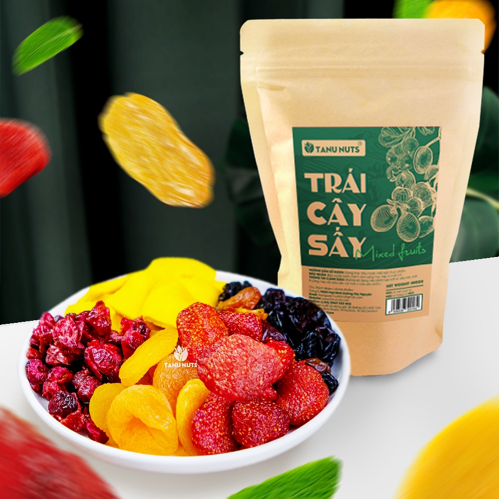 Trái cây sấy dẻo không đường TANU NUTS Mix Fruits 5 loại gồm mơ, xoài sấy, dâu sấy, nho khô, việt quất 400g