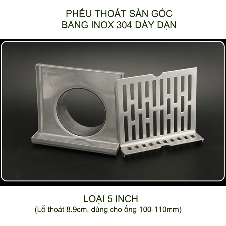Phễu thoát sàn góc bằng inox 304 dày dặn, loại 5inch lệch