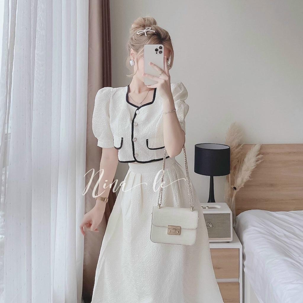 Sét áo viền cài nút kèm chân váy xoè dài