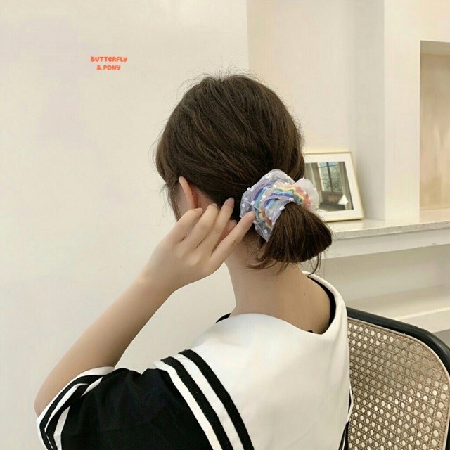 Cột Tóc Cầu Vồng Scrunchies Vải Ren Chấm Bi Phồng To