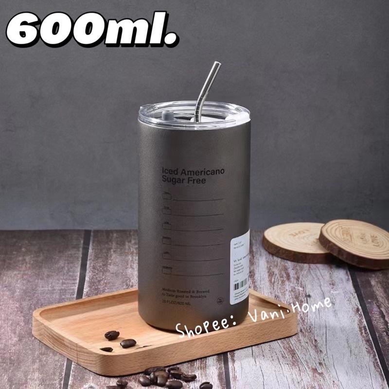 Ly cốc giữ nhiệt Iced Americano 600ml cao cấp bằng phép không gỉ 304 tặng kèm ống hút- Bình giữ nhiệt inox cho văn phòng