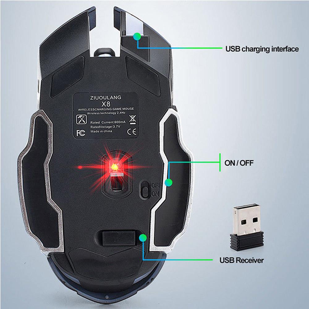 Mới 2400DPI Chuột Sạc X8 Không Dây Silicon LED Backlit Quang USB Ergonomic Chuột Chơi Game Thở Dạ Quang Ánh Sáng