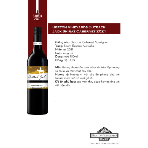 Rượu vang đỏ Berton Vineyards Outback Jack Shiraz Cabernet 2021 750ml 14% Alc