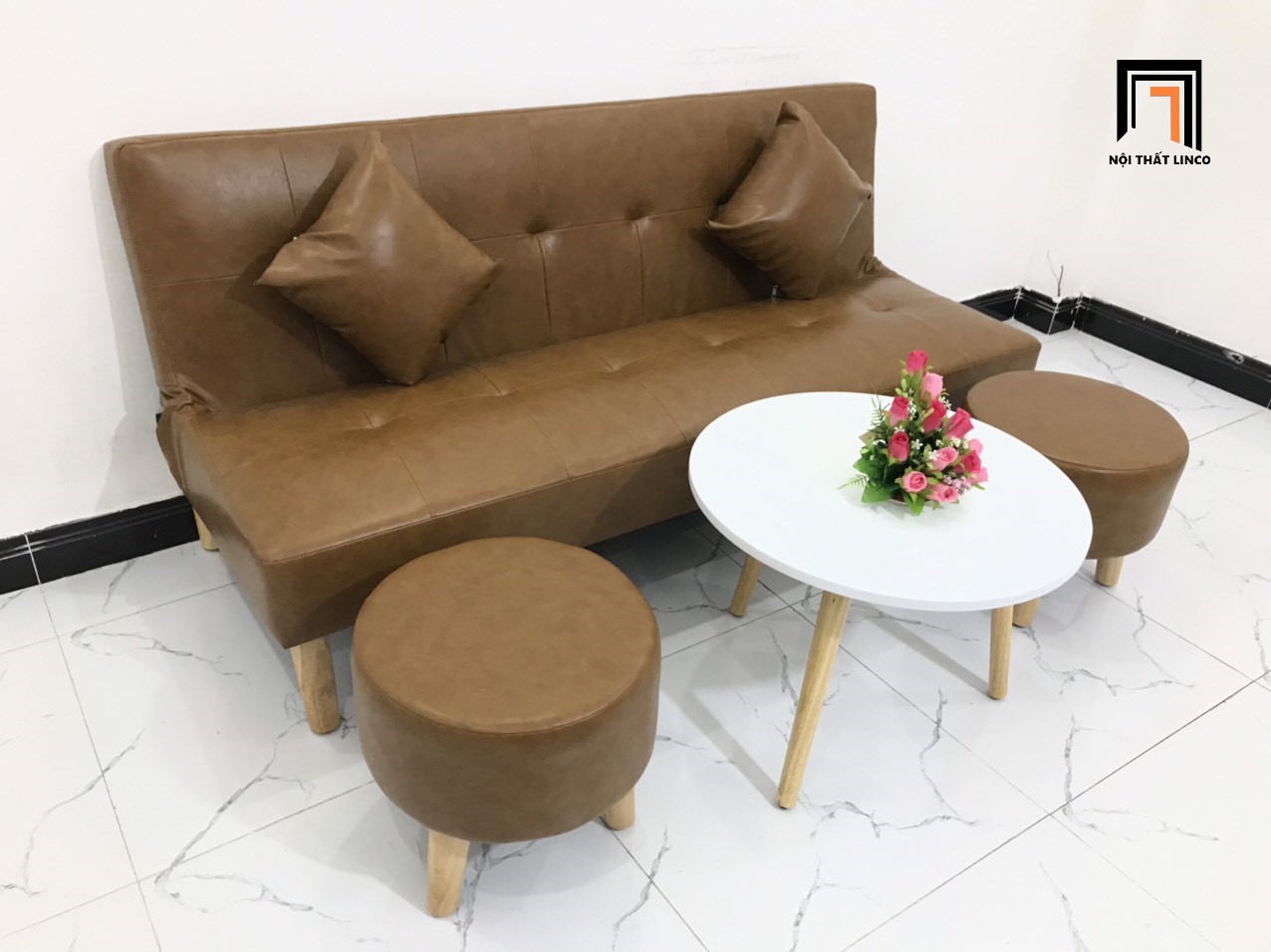 Bộ ghế sofa giường nhỏ bọc simili giả da màu da bò nhiều kích cỡ