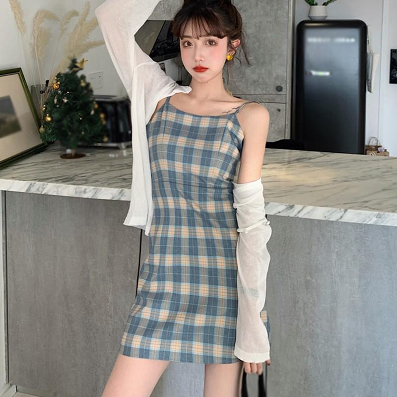 Đầm Hai Dây Kẻ Sọc Caro Phong Cách Retro Cho Nữ