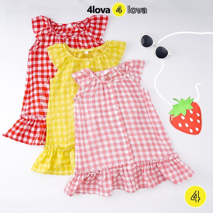 Váy bé gái 4LOVA đũi cotton cánh tiên họa tiết caro cài cúc 8-30 kg