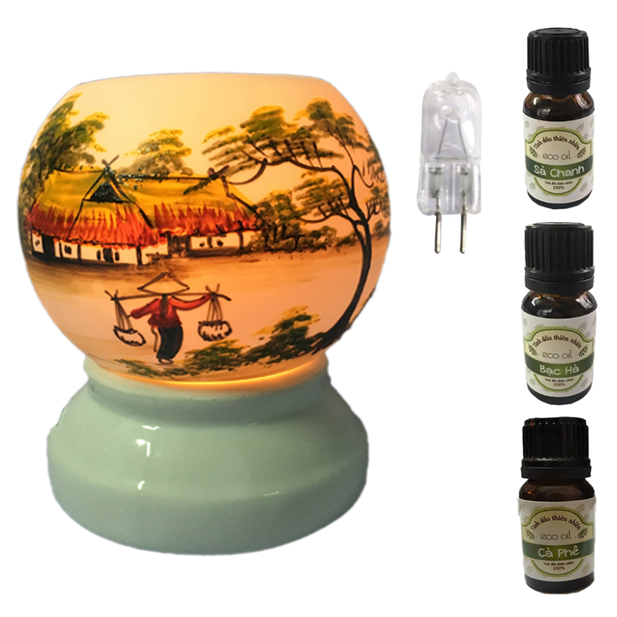 3 tinh dầu (Sả chanh, bạc hà, cà phê) Eco 10ml và đèn xông tinh dầu size L AH22 và 1 bóng đèn
