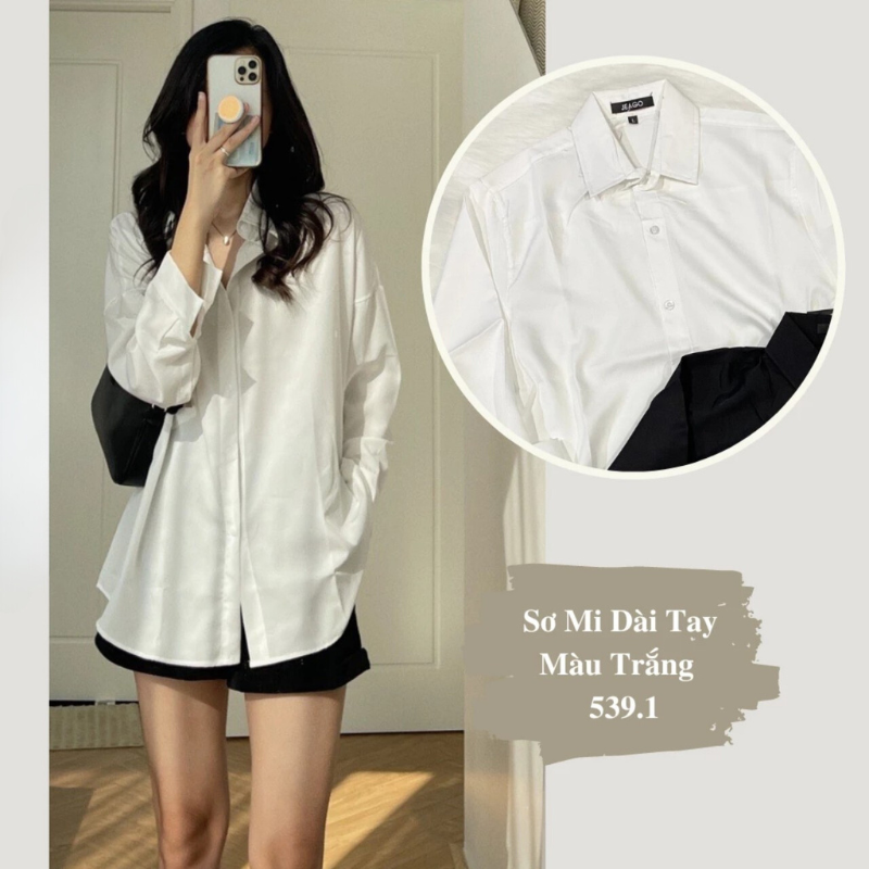 Áo Sơ Mi Nữ Form Rộng Dài Tay Cotton Lụa Hàn Unisex Màu Trắng Đen Đi Học, Đi Làm, Văn Phòng, Công sở Cực Xinh 539