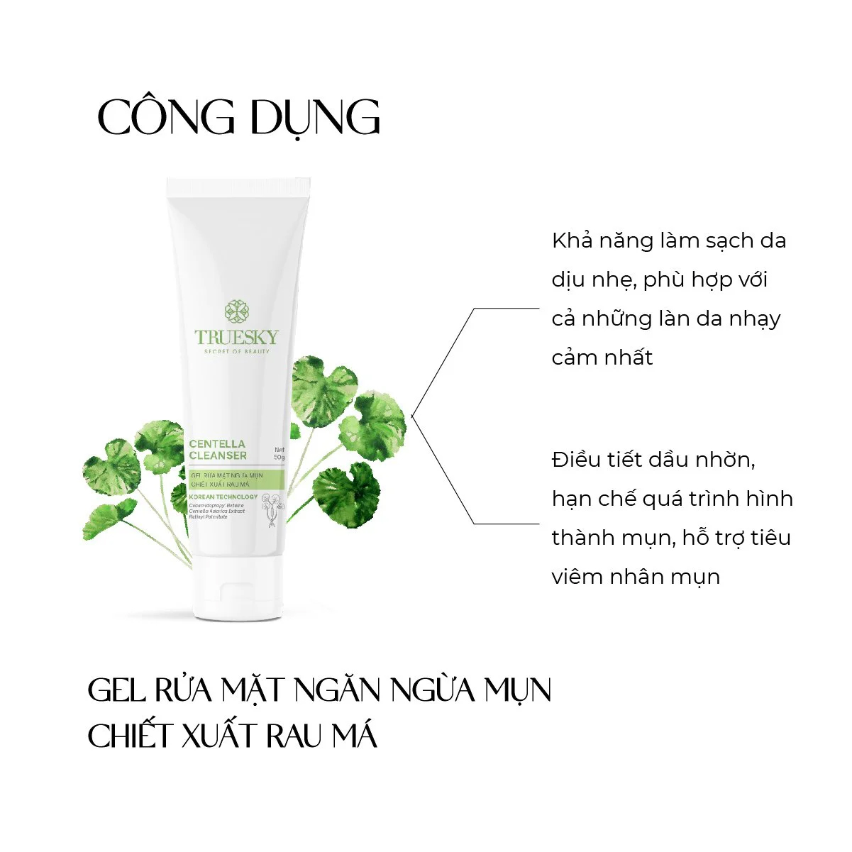 Sữa rửa mặt trắng da ngừa mụn Truesky Centella Cleanser 50g chiết xuất rau má