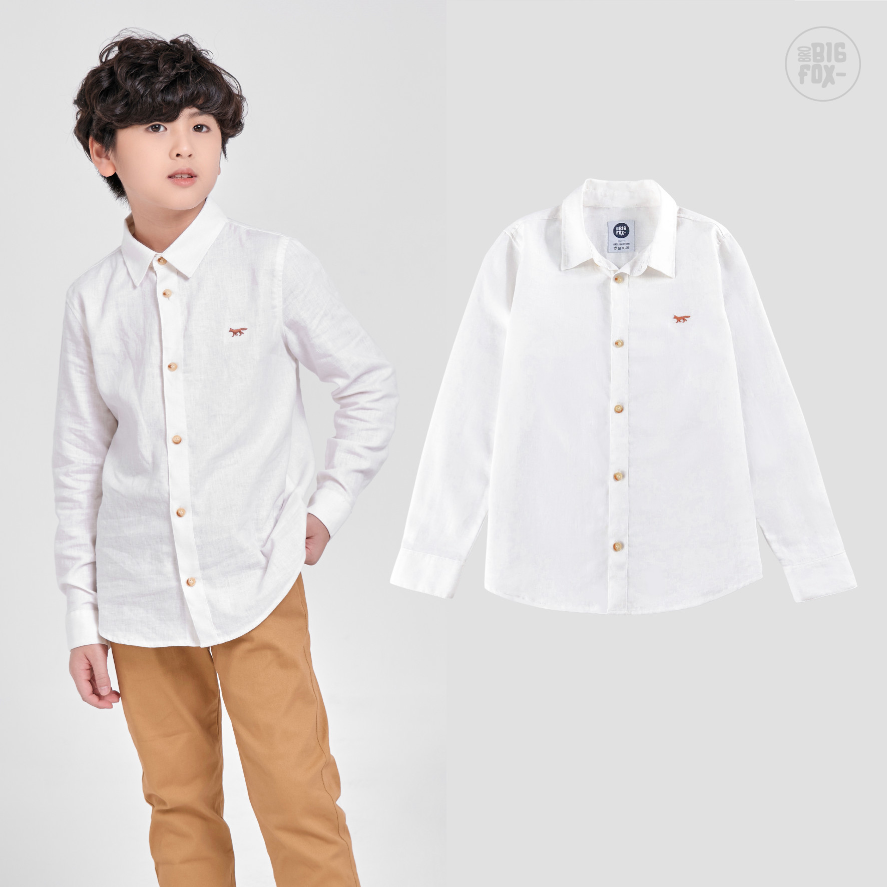 Áo sơ mi cho bé trai Bigfox-MissMeow, Chất liệu linen mềm mịn,họa tiết trơn, mặc chúc tết du xuân cực đẹp 5 – 11 tuổi