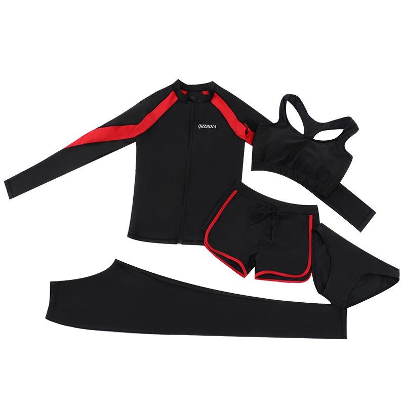 Bộ đồ bơi nữ dài tay kéo khóa 5 mảnh đen viền đỏ thun lạnh cao cấp