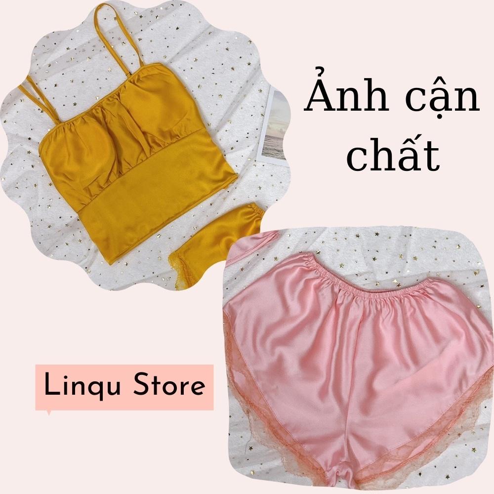 Đồ Ngủ Sexy Hai Dây Nữ Áo Có Mút Ngực Quần Đùi Satin Freesize