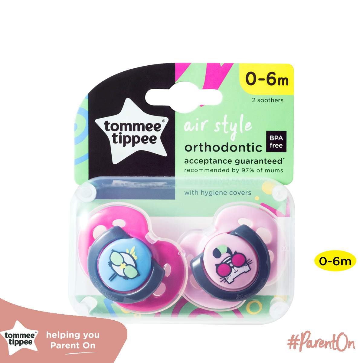 Ty ngậm thoáng khí cho bé Tommee Tippee Air 0-6 tháng (vỉ đôi) - Mèo hồng