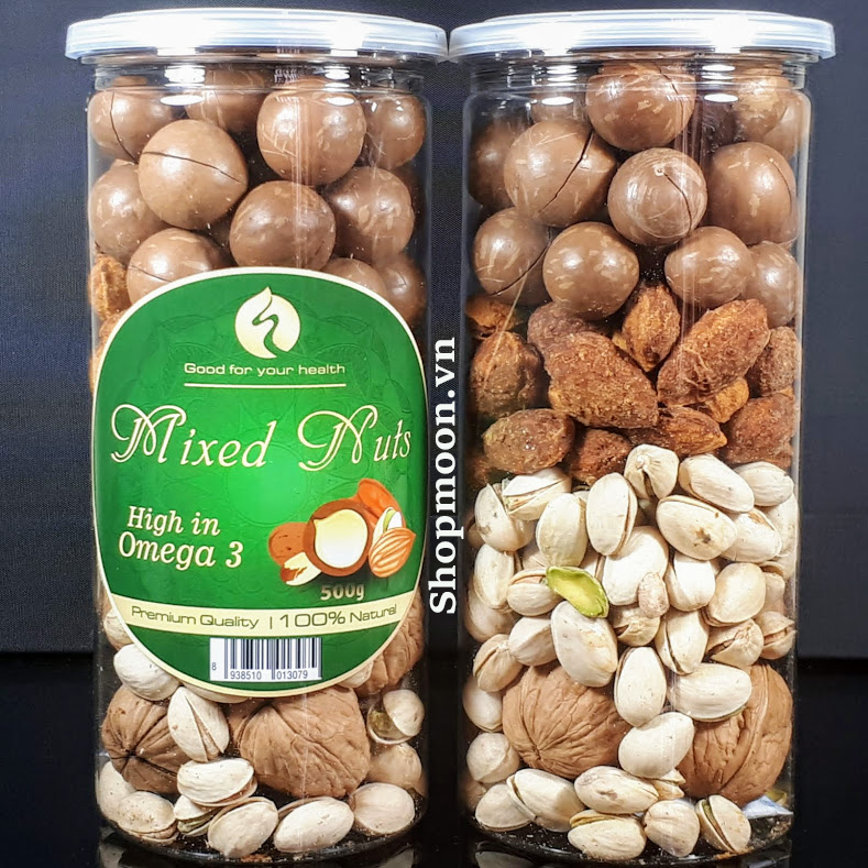 Mixed Nuts 4 Loại Hạt Dinh Dưỡng Macca, Óc Chó, Hạnh Nhân, Hat Dẻ Cười chưa tách vỏ (hũ 500gr)