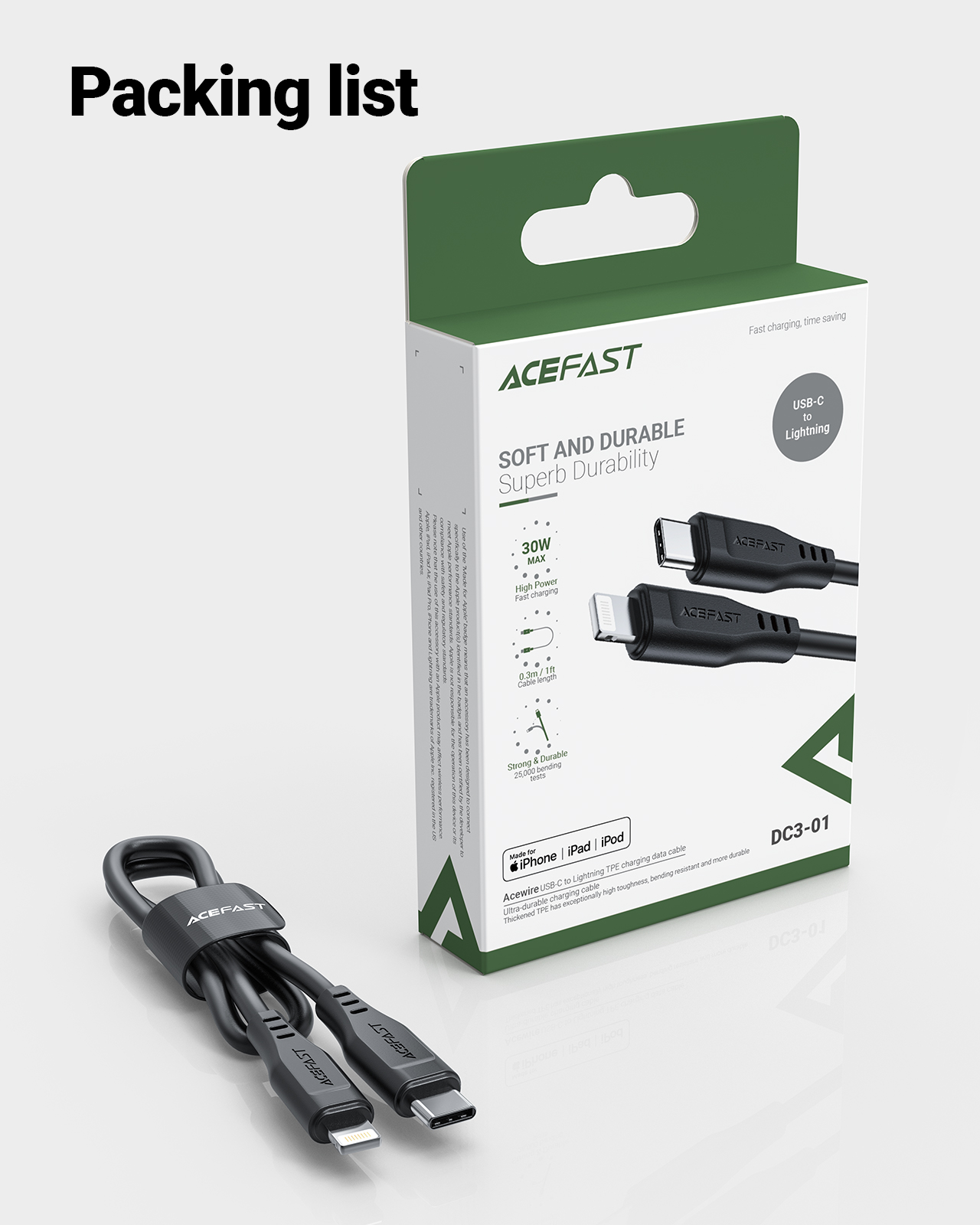 Cáp Acefast USB-C to Light.ning dài 0.3m - DC3-01 Hàng chính hãng Acefast