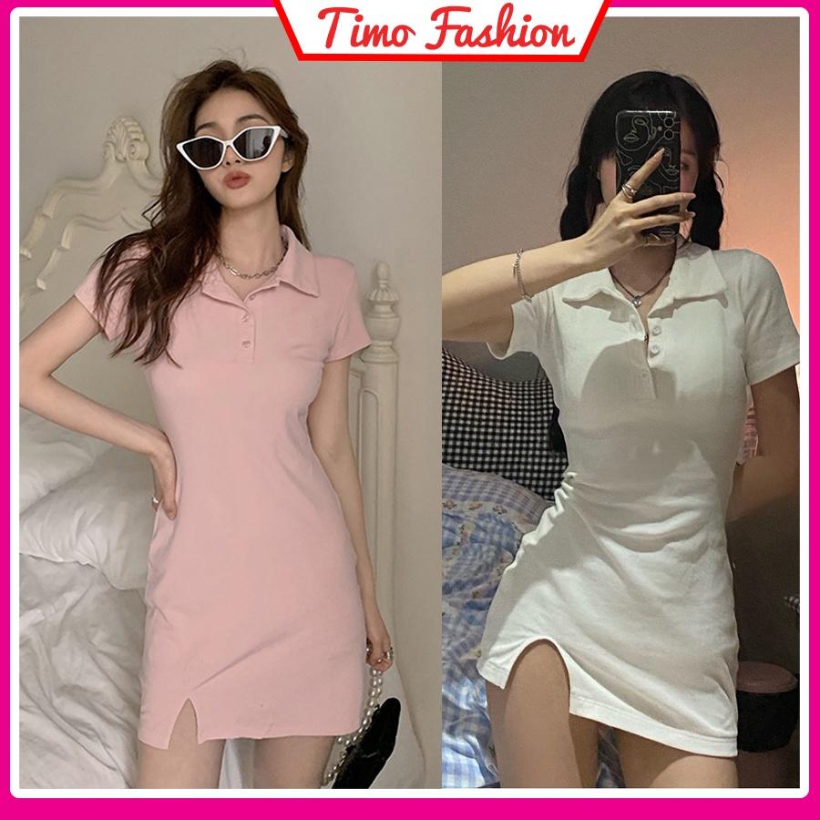 Váy body cổ polo, đầm ôm body xẻ trước tay ngắn chất thun co giãn phong cách hàn quốc siêu hot trend VAY009