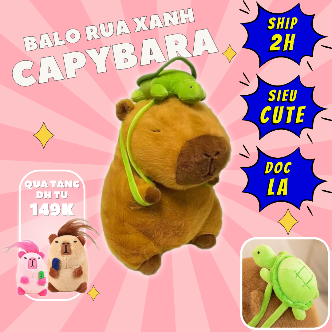 Thú nhồi bông Capybara đeo balo rùa xanh êm mịn dễ thương cao cấp - Size từ 35cm đến 90cm - Quà tặng gấu bông Capybara nhồi bông dễ thương - Gối ôm mềm mịn cho bé