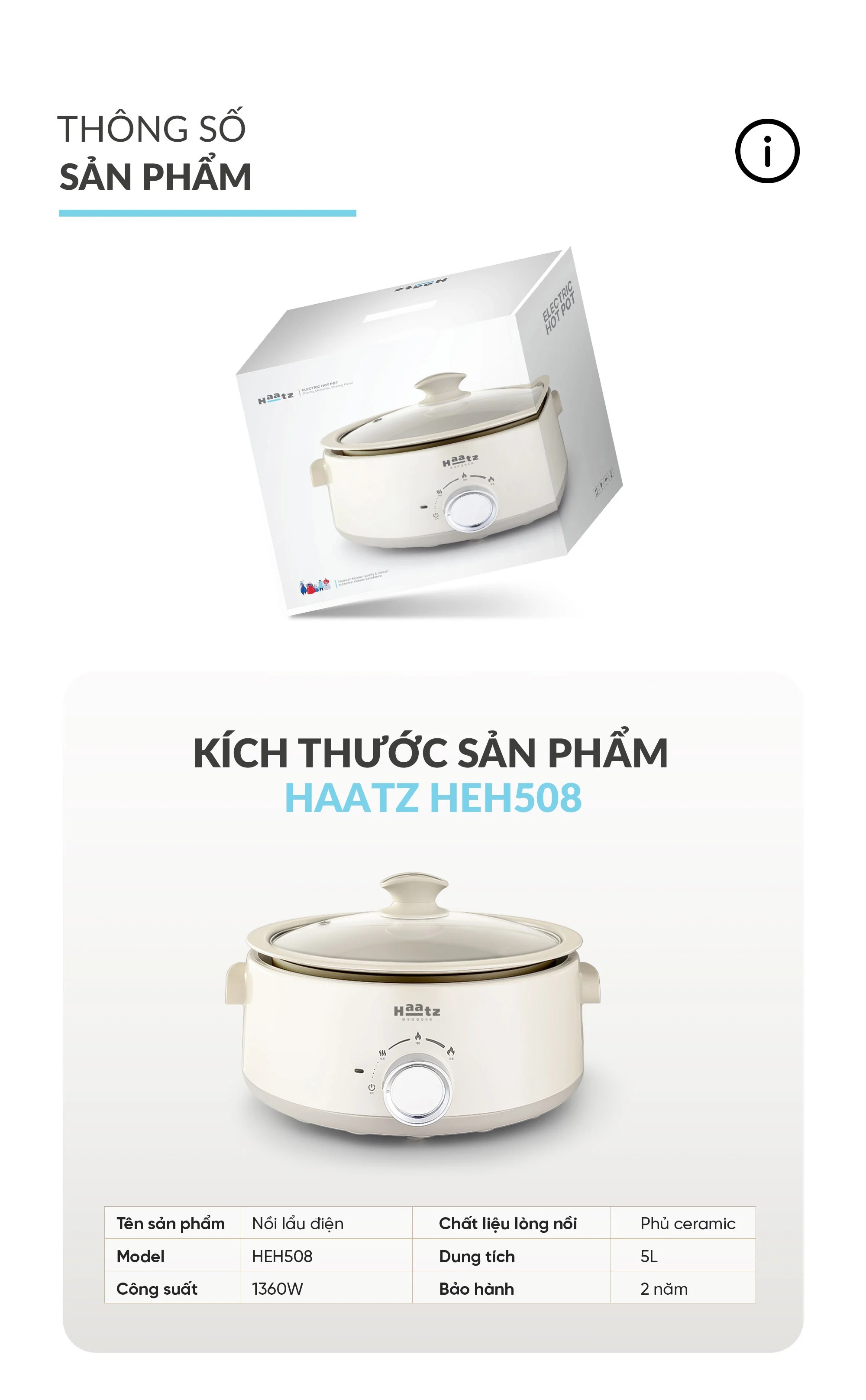 (NEW MODEL) Nồi Lẩu Điện Đa Năng 5L Haatz HEH508 Nấu Lẩu Xào Rán, Lòng Gốm Chống Dính Tháo Rời - Hàng Chính Hãng