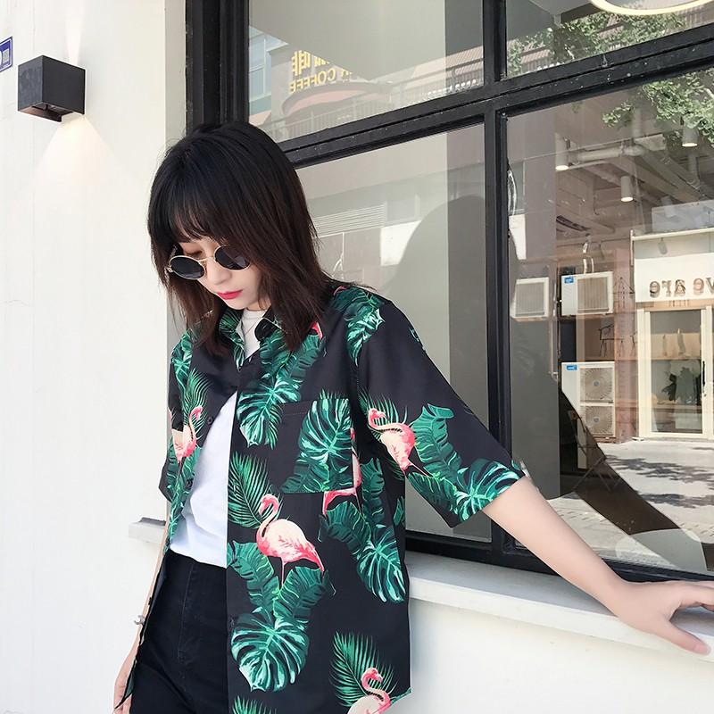 Áo sơ mi ngắn tay in họa tiết chim hồng hạc dễ thương dành cho nữ