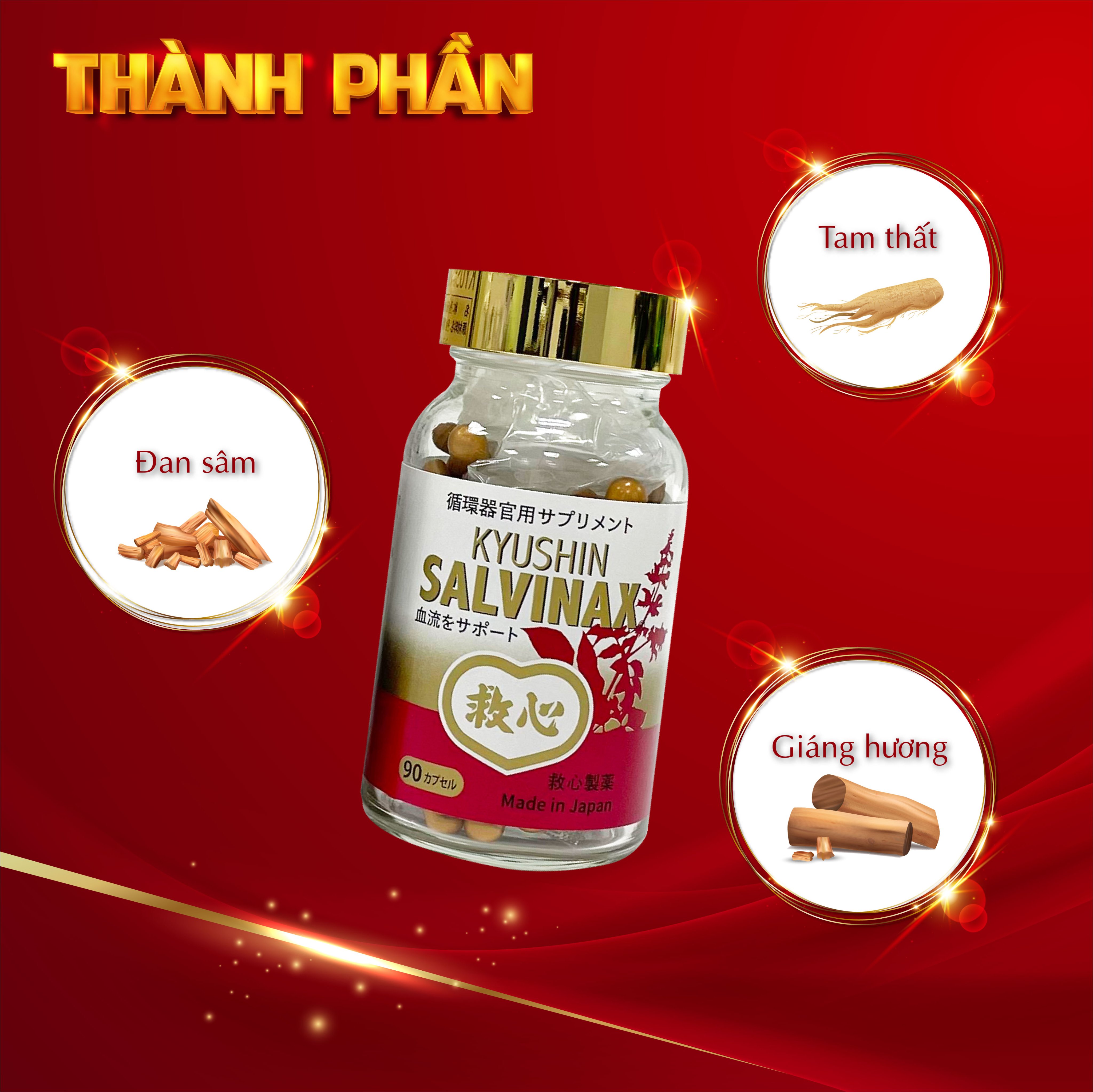 Viên Uống Bổ Tim Mạch Nhật Bản - Viên Cứu Tâm Kyushin Salvinax 90 Viên - Thực phẩm chức năng hỗ trợ bệnh tim mạch, bổ tim, tăng cường tuần hoàn máu