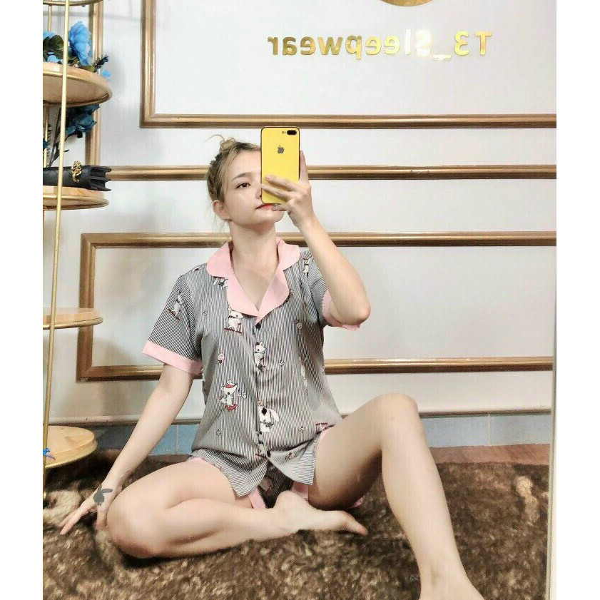 Đồ Mặc Nhà, Bộ Ngủ Nữ Pijama Đùi, Tay Ngắn Quần Ngắn Chất Lụa Hàn Mát Mịn , May Kỹ