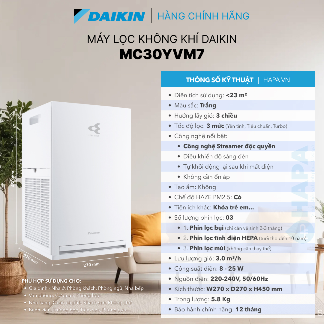 Máy Lọc Không Khí DAIKIN MC30YVM7 Phòng &lt; 23m2 Công nghệ HEPA &amp; Streamer - Hàng Chính Hãng DAIKIN