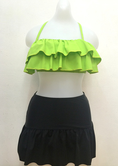 Bikini áo bèo xanh cốm quần bo váy 7T05