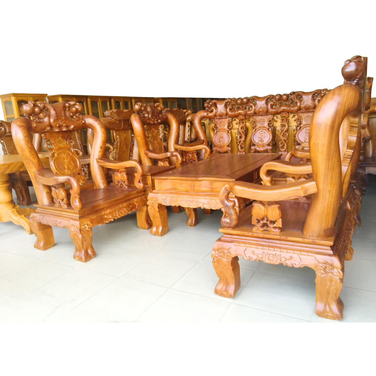 Bộ sofa phòng khách 6 món, gỗ gõ tự nhiên, tay 12