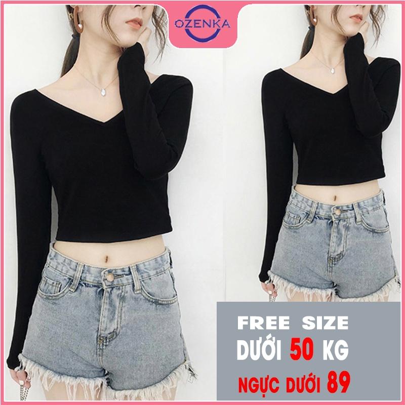 Áo croptop tay dài cổ V ôm body , ao crt mặc đi học đi chơi đẹp thun gân 100% cotton màu đen trắng free size