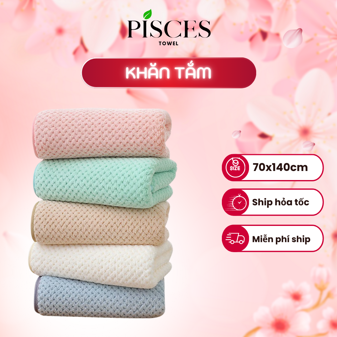 Khăn Tắm PISCES TOWEL 70x140cm Ô Vuông Trơn Cotton Mềm Mại, Khăn Spa Yoga Gym Thể Thao Thấm Hút Mồ Hôi - Hồng, Hồng