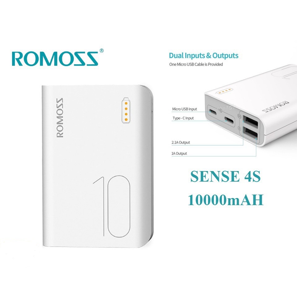 Sạc Dự Phòng Romoss Sense 4S Mini Siêu Nhỏ 10000Mah 2 Cổng Sạc Vào-HÀNG CHÍNH HÃNG