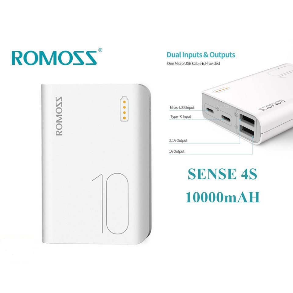 Sạc Dự Phòng Romoss Sense 4S  Mini Siêu Nhỏ 10000Mah 2 Cổng Sạc Vào-HÀNG CHÍNH HÃNG